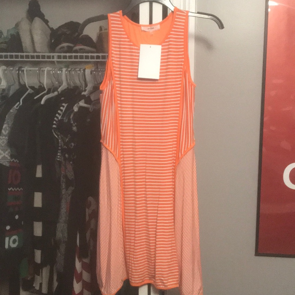 Striped orange and white UT drape dress